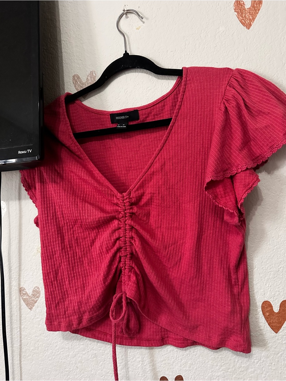 Forever 21 Hot Pink Ribbed Ruched Drawstring V-Neck Crop Top